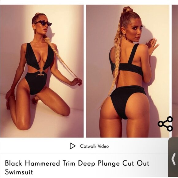 Pretty Little Thing Black Hammered Trim Deep Plunge Cut Out Bathing Suit New 8 - Picture 2 of 8